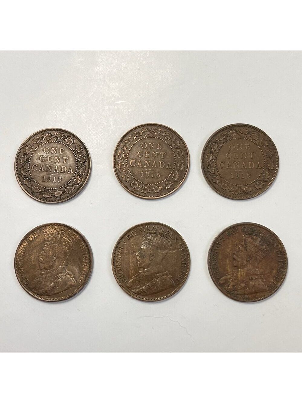 6pcs Large One Cent Canada Coins 2x 1913 2x 1916 2x 1919 Set